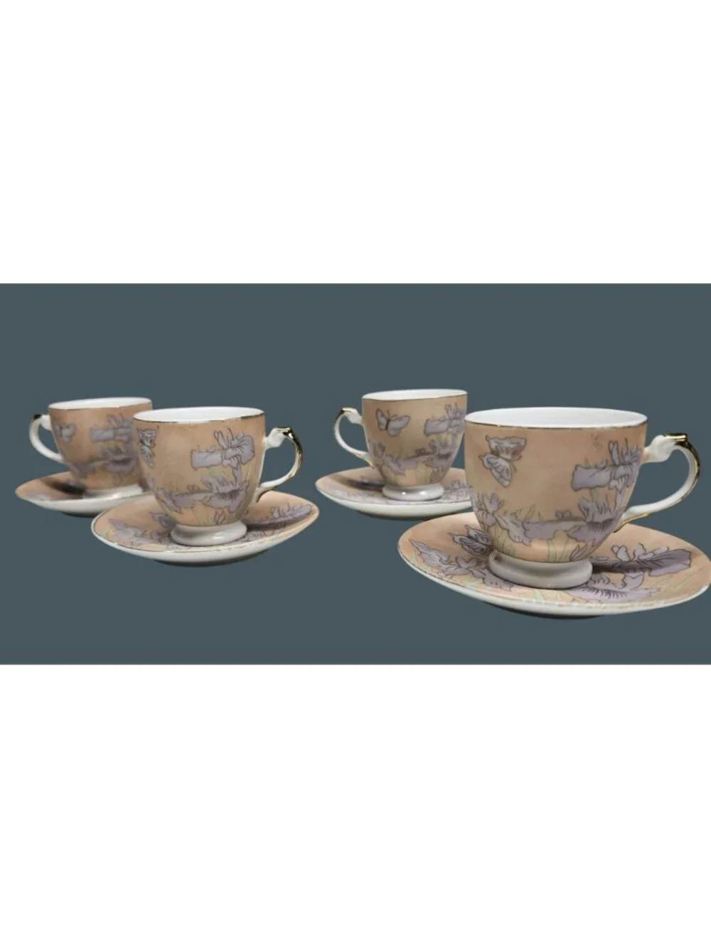 Demitasse Cups & Saucers Espresso Pink Purple Irises Butterflies 4 Sets